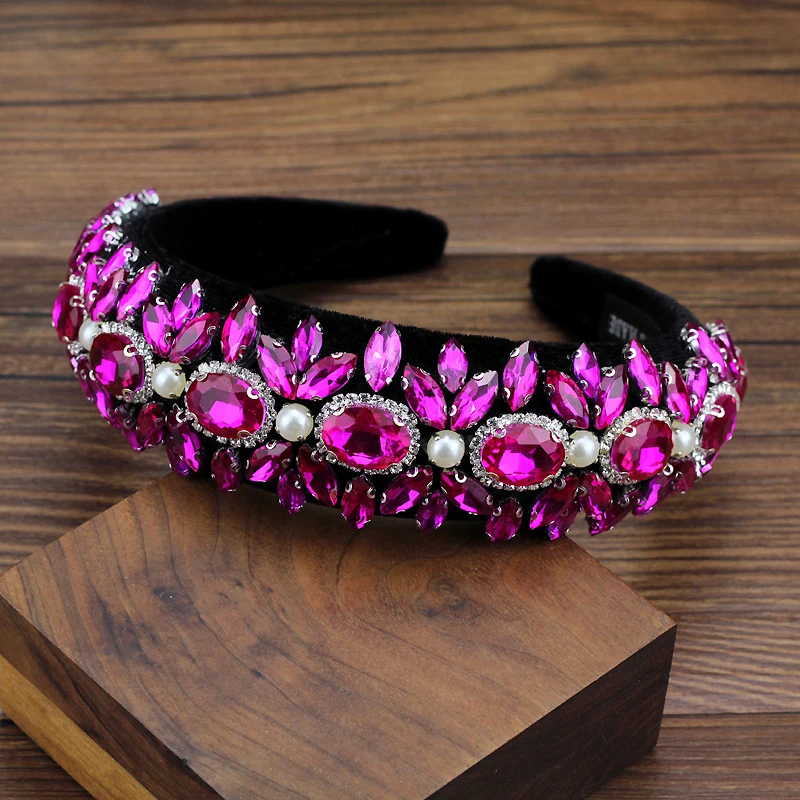 2024 Luxurious Hair Accessories Hot Pink Crystal Padded Hairbands Rhinestone Pearl Baroque Headbands For Women Wedding