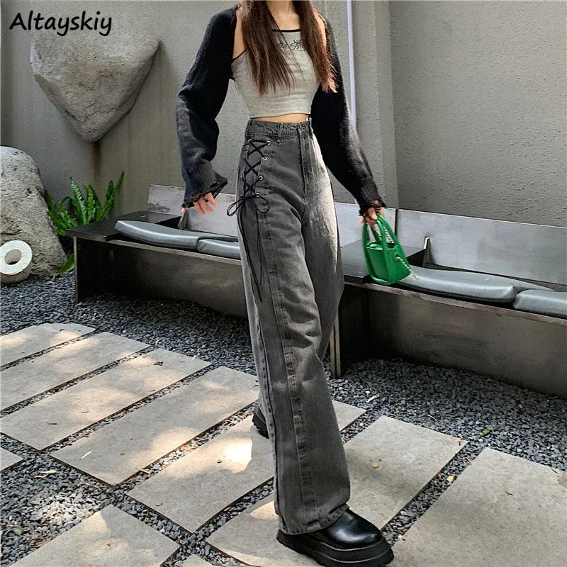 Jeans Women Gray High Waist Lace-up Straight Loose Korean Style Hotsweet Ins Streetwear Personality All-match Solid Vintage Chic