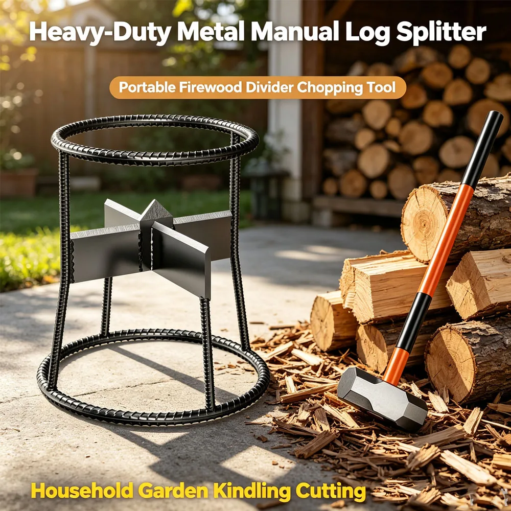 Heavy‑Duty Metal Manual Log Splitter, Portable Firewood Divider Chopping Tool, Household Garden Kindling Cutting Equipment