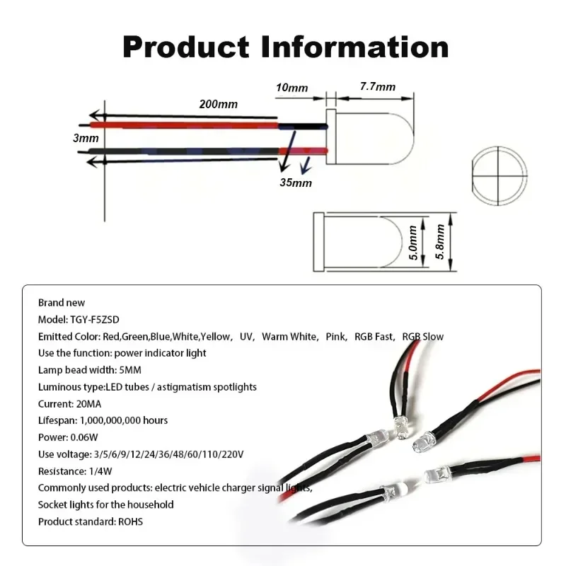 Lámpara de luz LED para decoración del hogar, diodo emisor de 20cm de longitud, 10 piezas, 5mm, CC 3V, 5V, 9V, 12V, 24V, 36V, 48V, 110V, 220V