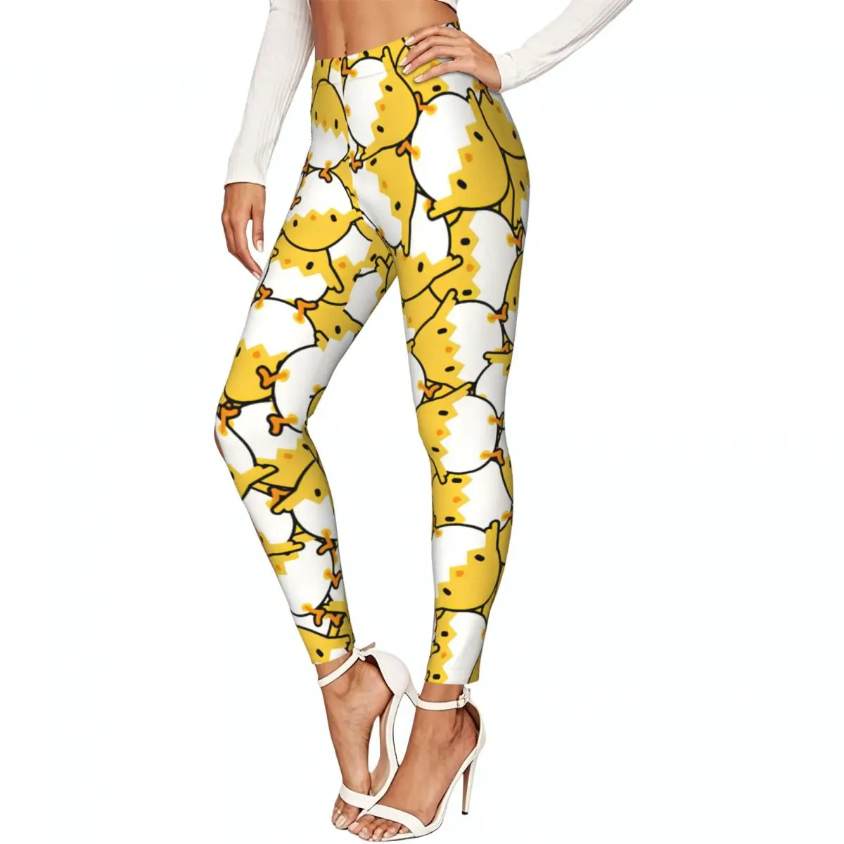 Women Full Length Elastic Leggings High Waist Tight Pants Little Chicken Background Casual Bottoms
