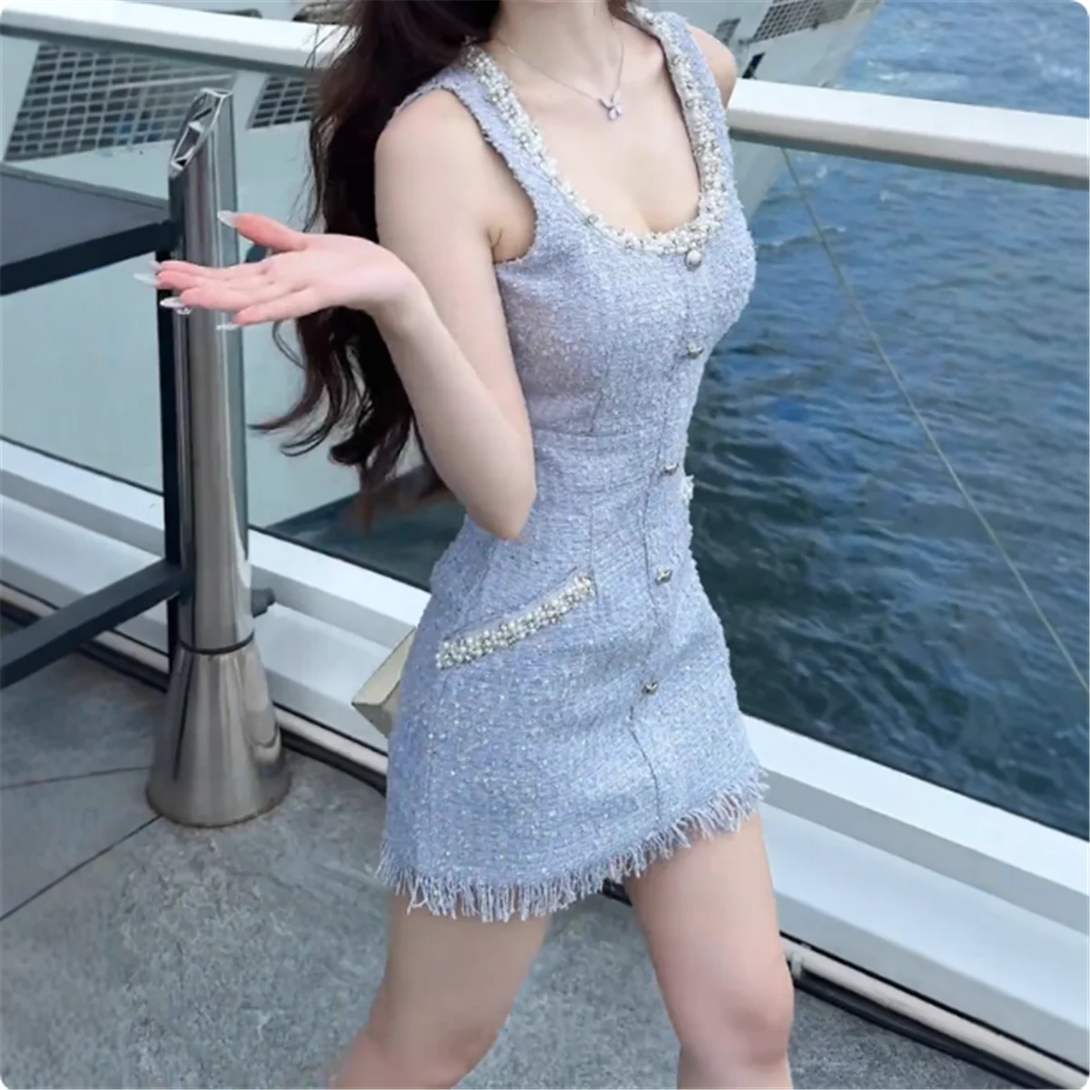 Sukienka mini na urodziny dla dziewczynki, luksusowe koraliki, celebrytka, nowa letnia sukienka bez rękawów z frędzlami, obcisła, krótka, ołówkowa, na ramiączkach.