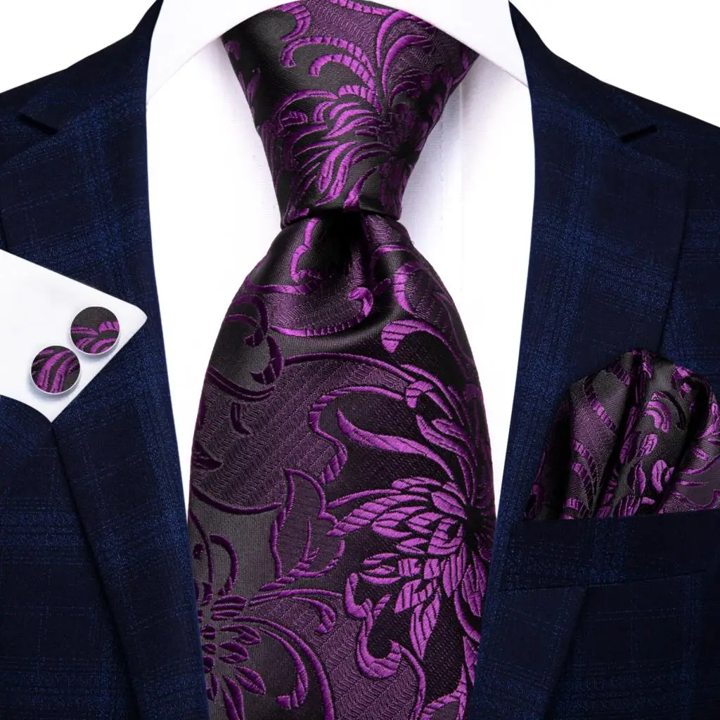 

Hi-Tie Floral Purple Black Silk Luxury Tie for Man Accessory Men Fashion Necktie Handkerchief Cufflink for Tuxedo Classic Gift