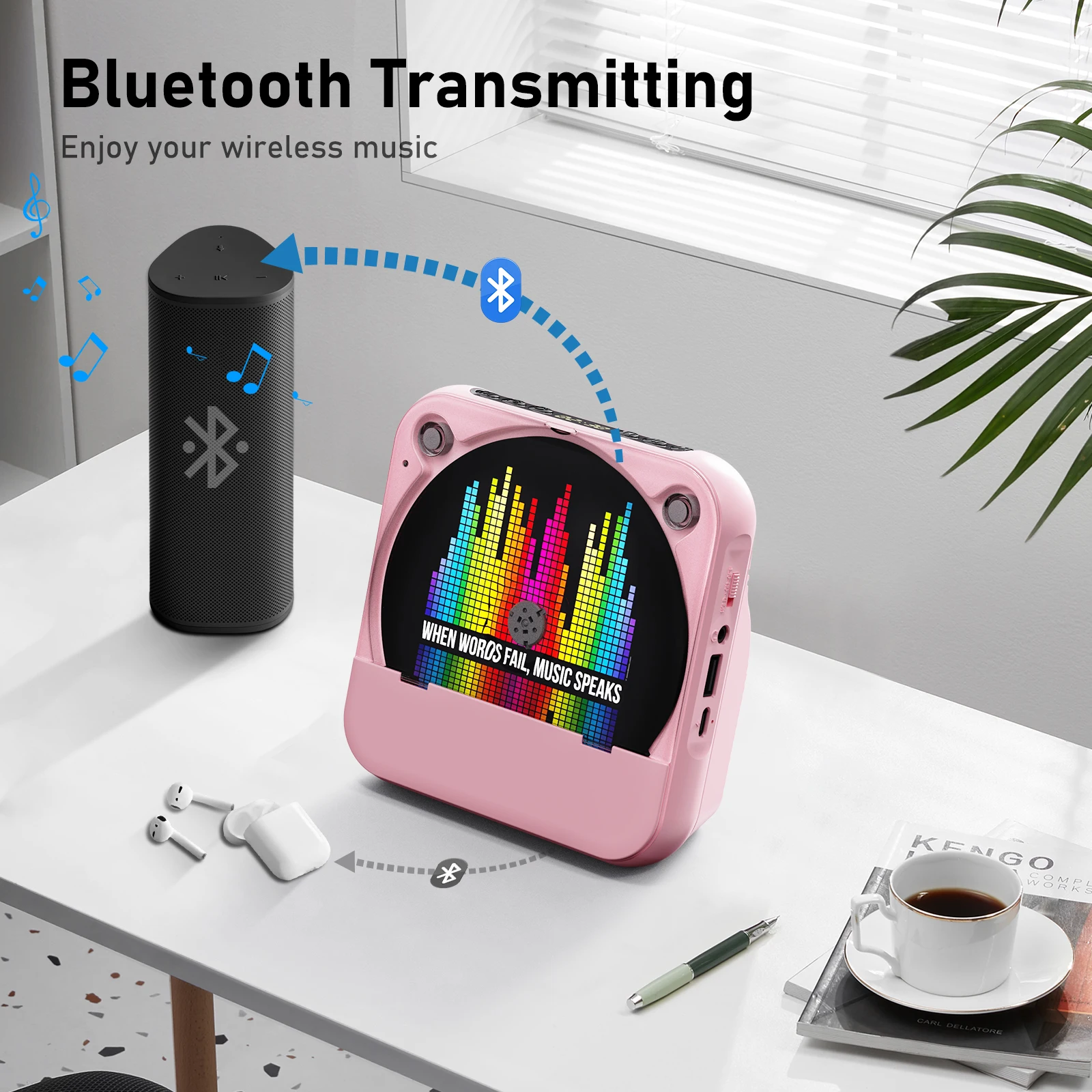 مشغل سي دي مكتبي صيفي مع جهاز تحكم عن بعد ، بي تي ، شاشة عرض ليد منزلية ، واي فاي مدمج ، مكبرات صوت ستيريو ، راديو FM