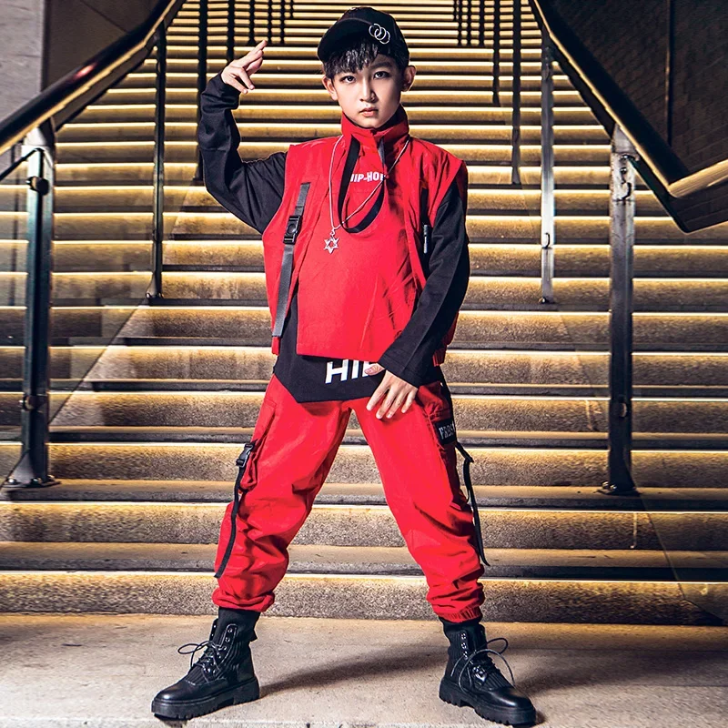 

Hip Hop Suit For Kids Street Dance Stage Performance Red Outfits Teen Catwalk Show Clothing Boys Girls Jazz Costumes