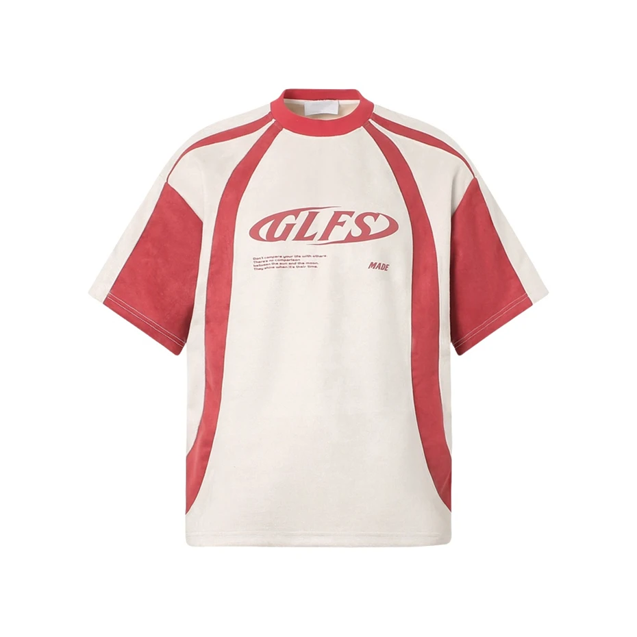 Vintage Suede T-Shirt Graphic Printed Patchwork Racing Sports Tshirt Streetwear Men Hip Hop Harajuku Baggy Short Sleeve Tops Tee