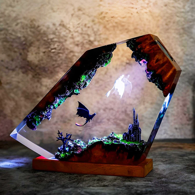 Lámpara de mesa de resina con organismo de dragón, lámpara de decoración artística creativa, tema de figura de dibujos animados, luz nocturna de 7 colores, carga USB