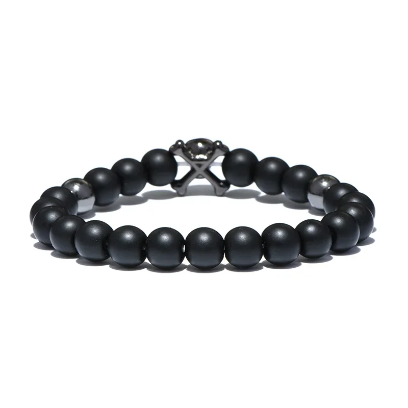 New Pirate Skull Bracelet Men 8mm Black Onyx Beaded Braslet Gothic Wolf Animal Braclet Male Accessories Gift For Boyfriend Joias