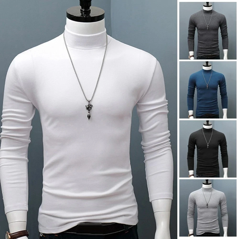 Fashion Men\'s Casual Slim Fit Basic Turtleneck Cotton T-Shirt High Collar Pullover Male Autumn Spring Thin Tops Basic Bottoming