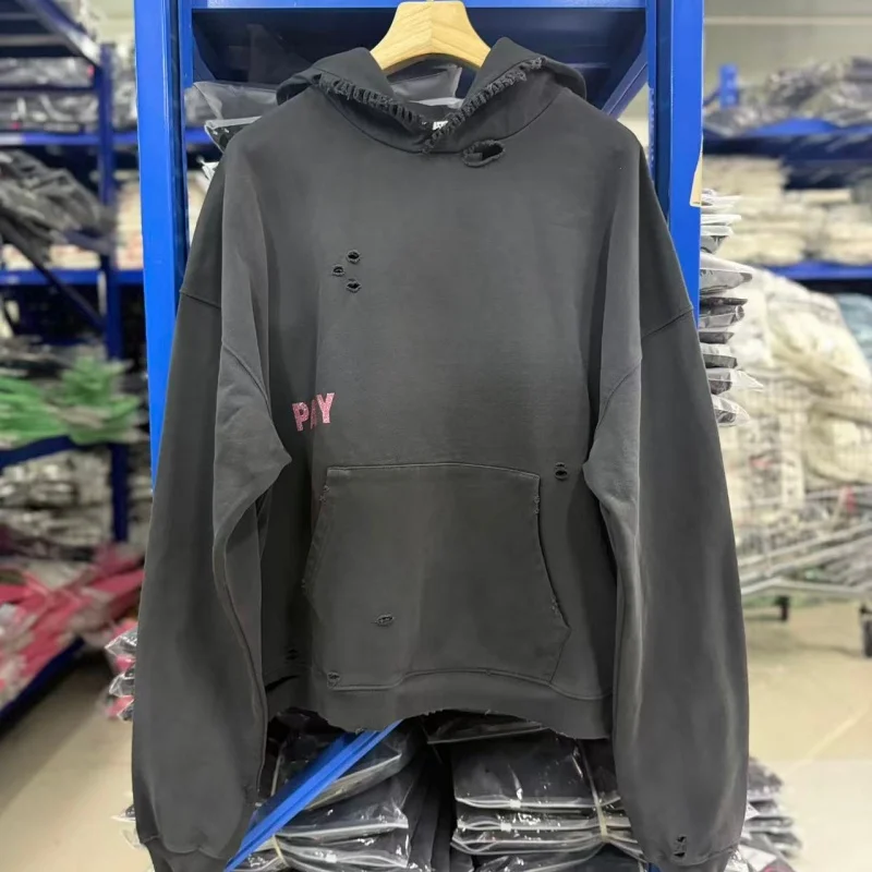 Y2K Retro Stone Wash Hoodie Multi Hole Raw Fringe Glitter Side Letter Oversized Drop Shoulder Sweatshirt