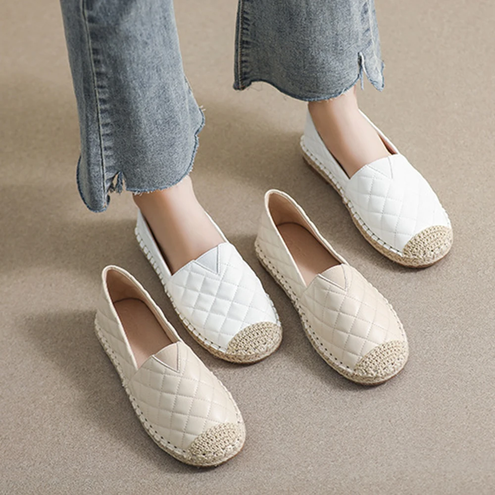 

Women's Round Toe Flats Grid Design Comfortable Casual Fashion Dress Ballet Flats Slip On Rope Loafer for Dressy Work Daily