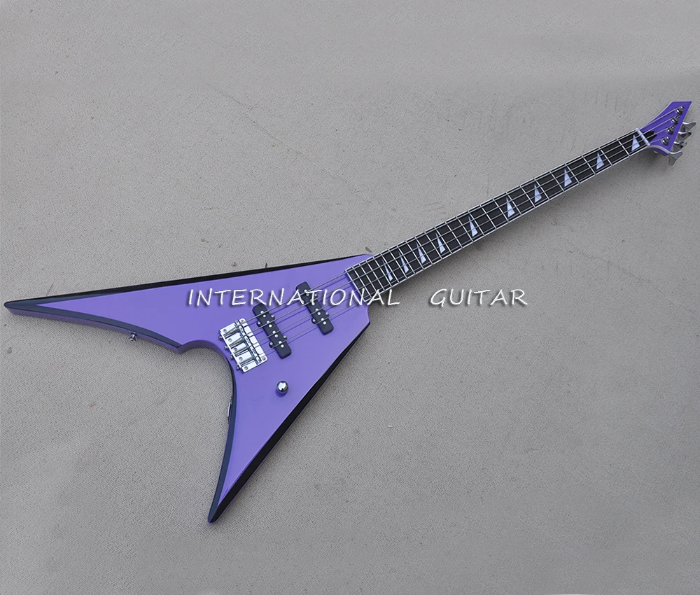 Purple 4 Strings V Shaped Electric Bass Guitar with Black Trim,Rosewood Fretboard