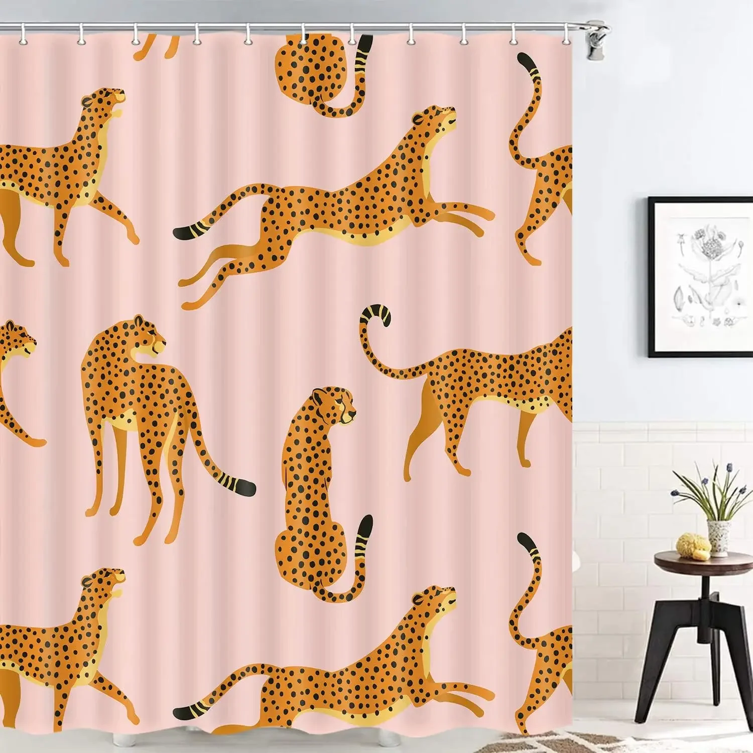 leopard fabric shower curtain, tropical animal cheetah shower curtain for bathroom, pink with hook 180X180CM