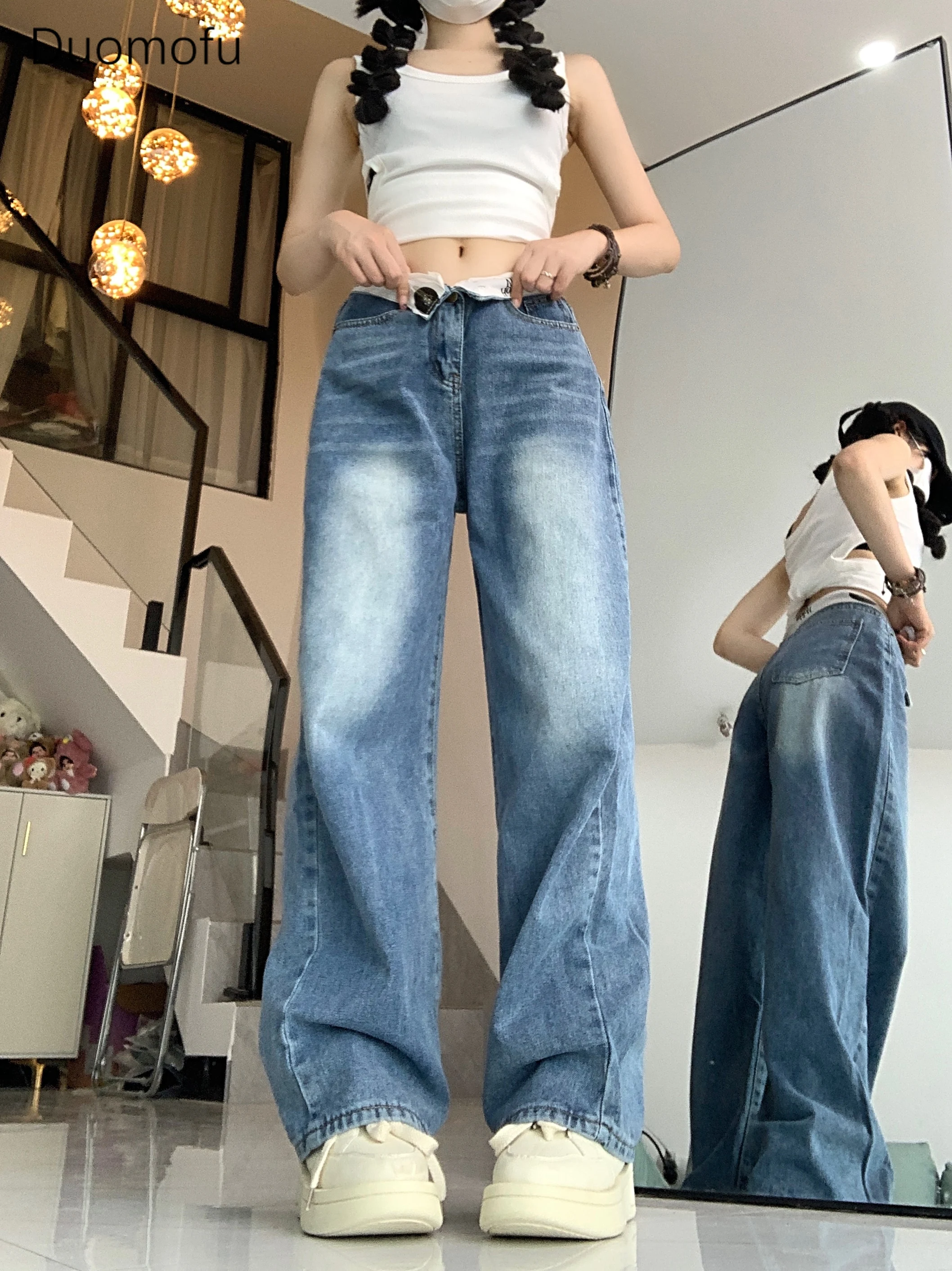 Duomofu blau schicke Brief manschetten lose gerade weibliche Jeans Sommer neue grundlegende hohe Taille schlanke einfache lässige Mode Frauen Jeans