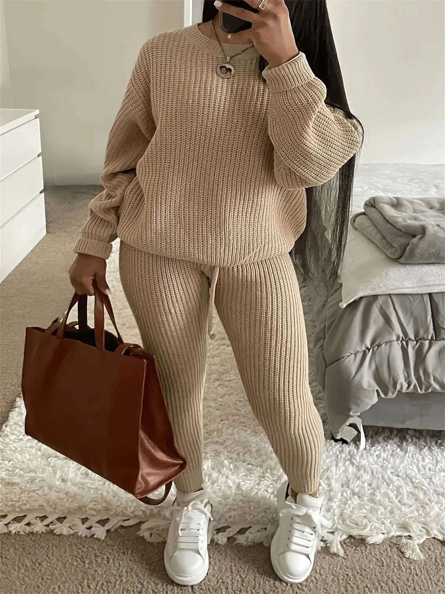 LW Plain Knitted Pants Set Winter Autumn 2pcs Dropped Shoulder Crew Neck Pullover Top & Bandage Skinny Drawstring Trousers