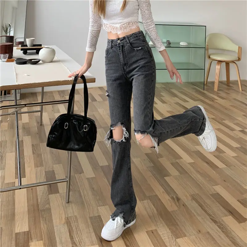 Smoky Grey Women\'s Jeans with Holes 2022 Spring Summer and Autumn Korean Version New Fashion Straight Leg Wide Leg Pants