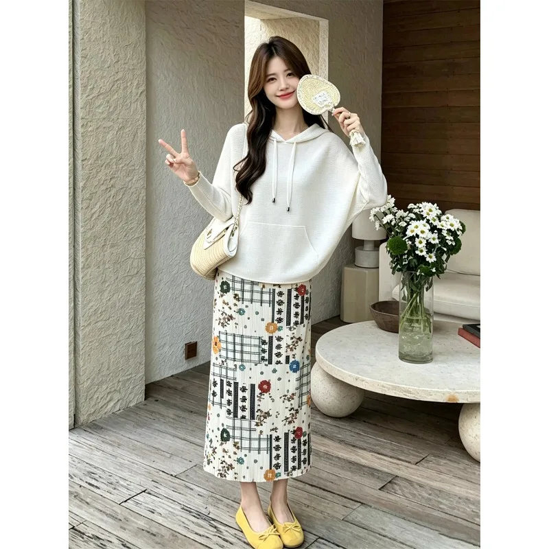 Miyake Pleated 2026 New Summer Printed Casual Hoodie and Skirt Set for Women Age-Reducing Summer Garden Style Two-Piece Set