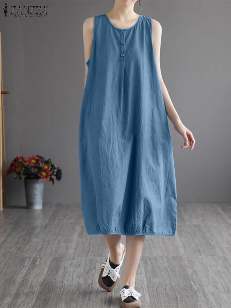 ZANZEA 2024 Summer Vintage O Neck Sleeveless Tanks Dress Women Casual Midi Sundress Fashion Solid Party Vestido Sarafans Dresses