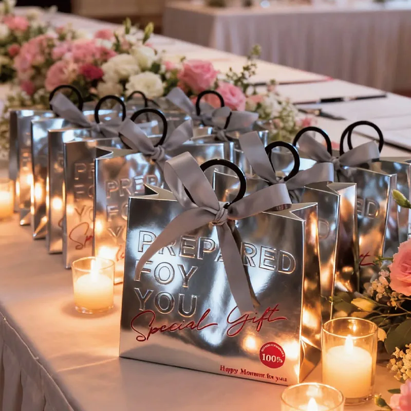 10-40 PIÈCES Sacs à bonbons en carton argenté style européen, Nouveauté 2026, Sacs de dragées de mariage avec poignée, Design Ins, pour boîte cadeau de fiançailles