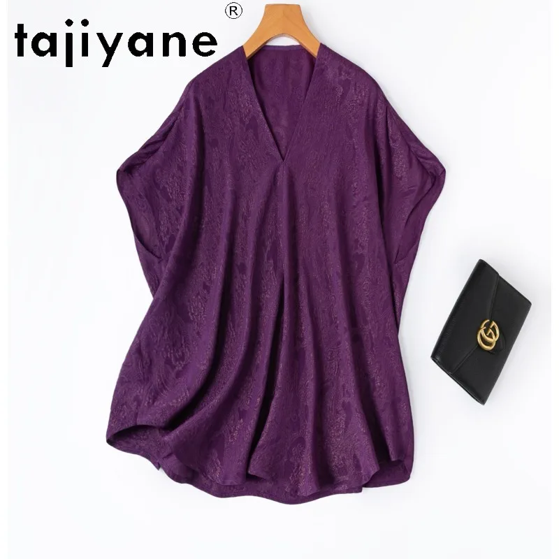 TAJIYANE 100% Real Mulberry Silk Women T Shirts Gold Thread Jacquard Batwing Sleeve Tops for Woman Plus Size Clothing 티셔츠 Purple