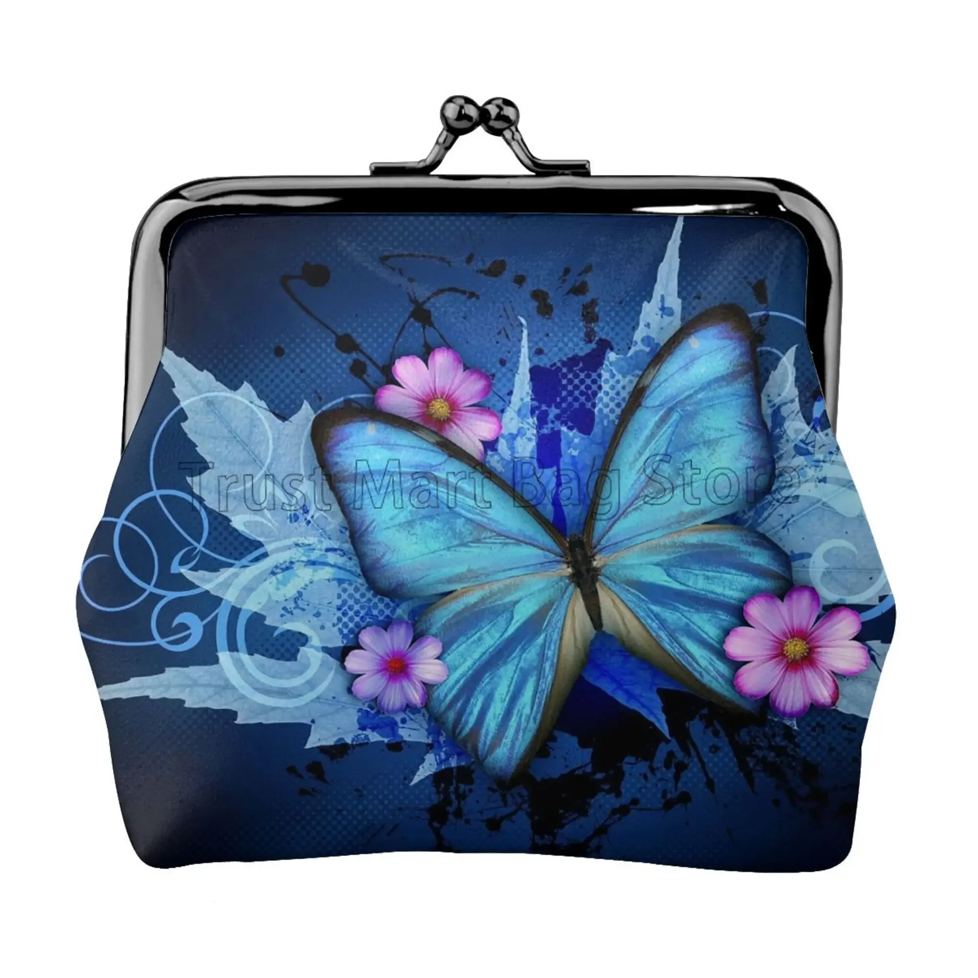 Purple Blue Butterfly Mini Leather Coin Purse for Women Girl Small Change Pouch with Kiss-Lock Clasp Closure Buckle Wallet Gift