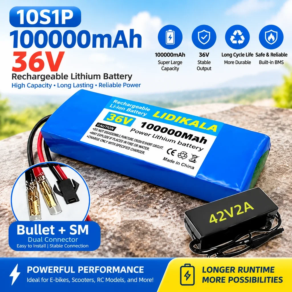Nuova batteria ricaricabile agli ioni di litio ad alte prestazioni, 36V 100Ah 10S1P, con sistema di protezione BMS, ideale come batteria di ricambio per hoverboard, monopattini elettrici e veicoli