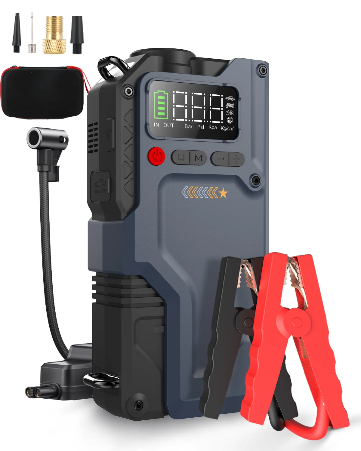 Arrancador de Coches 5 en 1 Eigotrav W150 6000A, Cargador de Batería 12000mAh 12V, Banco de Energía con Compresor de Aire de 150PSI