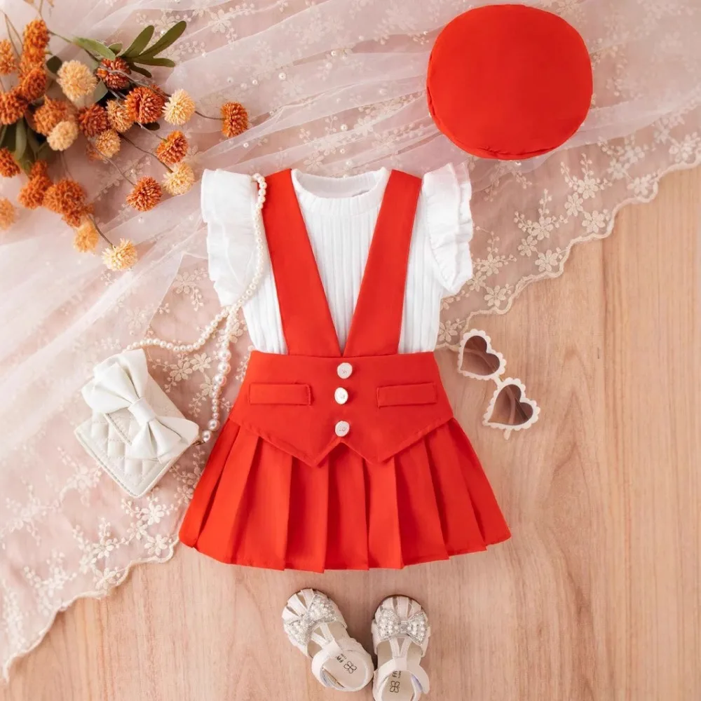 

Girls 3Pcs Summer Outfits Ripple Ribbed Flutter Sleeve T-shirt+Suspender Skirt + Hat Set Multi-color Kids Clothes Europe America