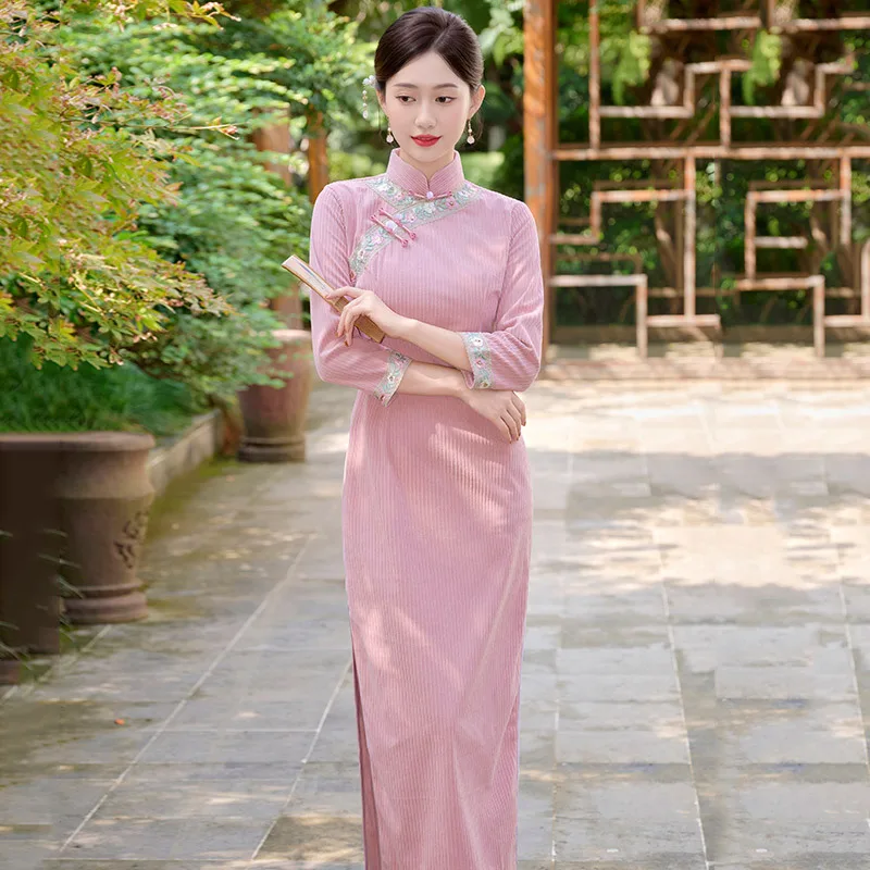 Yourqipao Autumn Winter Pink Long-Sleeved Modified Cheongsam Youthful Retro Slim Fit Qipao Chinese Style Evening Dress for Women