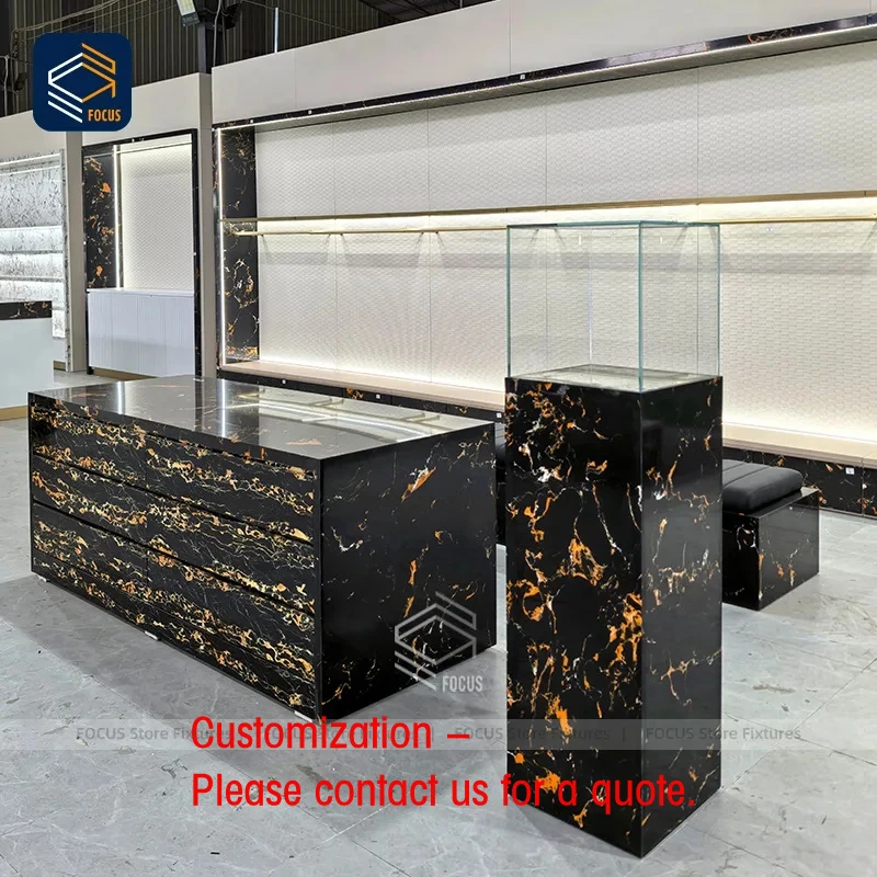 custom.Luxury Black Marble Retail Display Counter Glass Showcase Cabinet Custom Jewelry Boutique Fixture Design