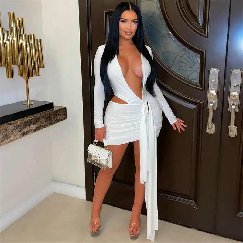 فساتين حفلات صغيرة مثيرة بأكمام طويلة ورقبة على شكل V عميقة مع شريط طويل للنساء مكشكشة موديل 2025 فستان للنوادي الليلية باللون الأسود والأبيض #4