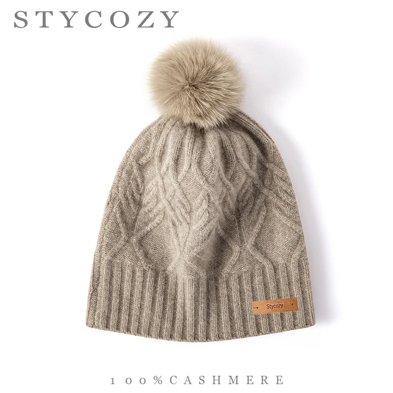 100% Cashmere Cable Knit Pom Pom Hat Thick Winter Ear-Flap Slouch Beanie Women Versatile Daily Casual Hat for Shopping & Outdoor