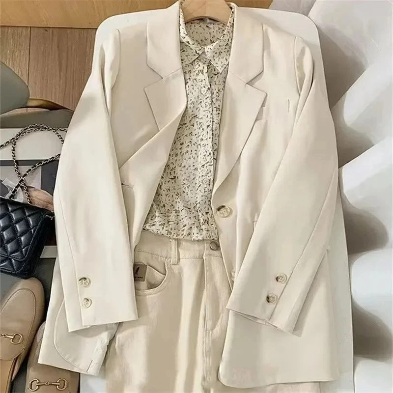 2024 Spring New Women\'s Office Lady Blazer Notched Suit Autumn Long Sleeve Tops Single Breasted Outerwear Stylish Trench Coat