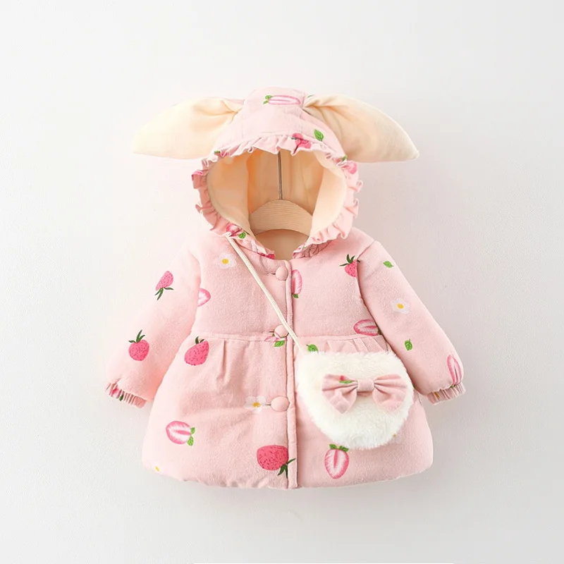 Winter Girl Baby Padded Cotton Jacket For Children 2/Piece Strawberry Hooded Warm Cotton Jacket+Bag