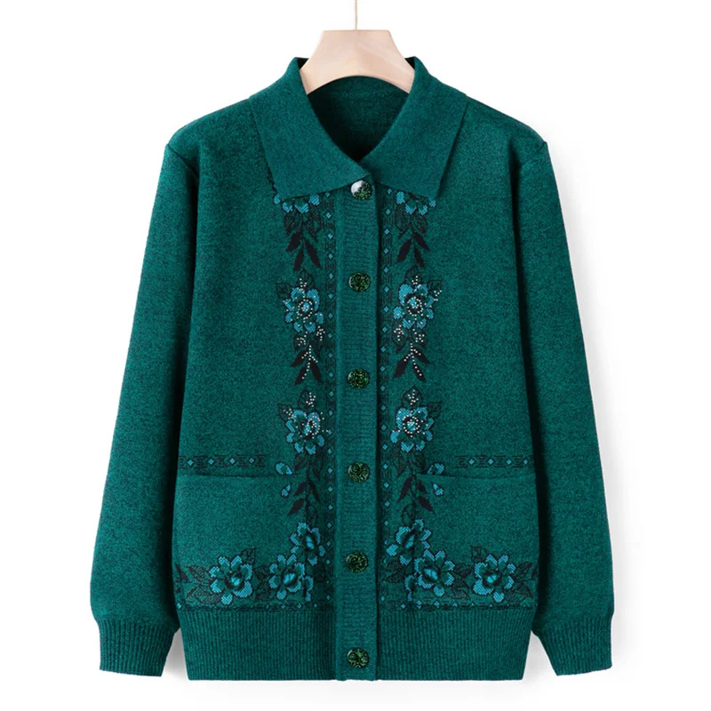 

New Middle Aged Elderly Mother Woolen Coat Lapel Collar Women Spring Autumn Knitted Cardigan Sweater Female Knitwear Jacket