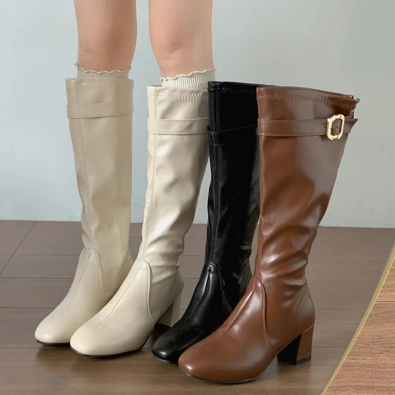 

Luxury Women Boots Fashion Square Toe Thick Heel Long Booties Belt Buckle Design Boots Stretch Slim Boots Quality Leather Botas