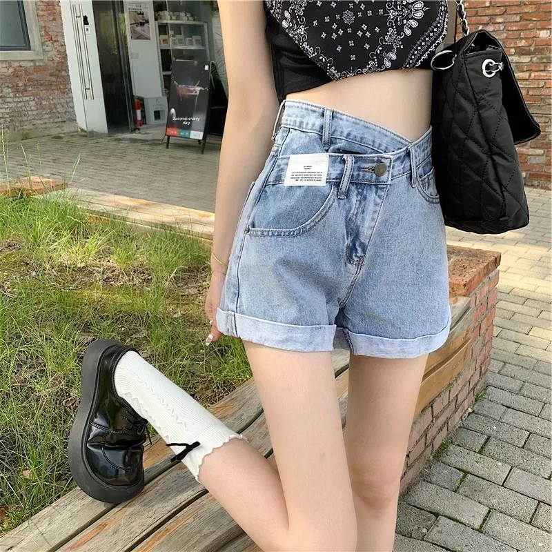 

Summer High Waist A-Line Short Jeans Women's Spicy Girl Thin Wide Leg Denim Shorts plus Size Fat MM Short Pants Blue Jeans