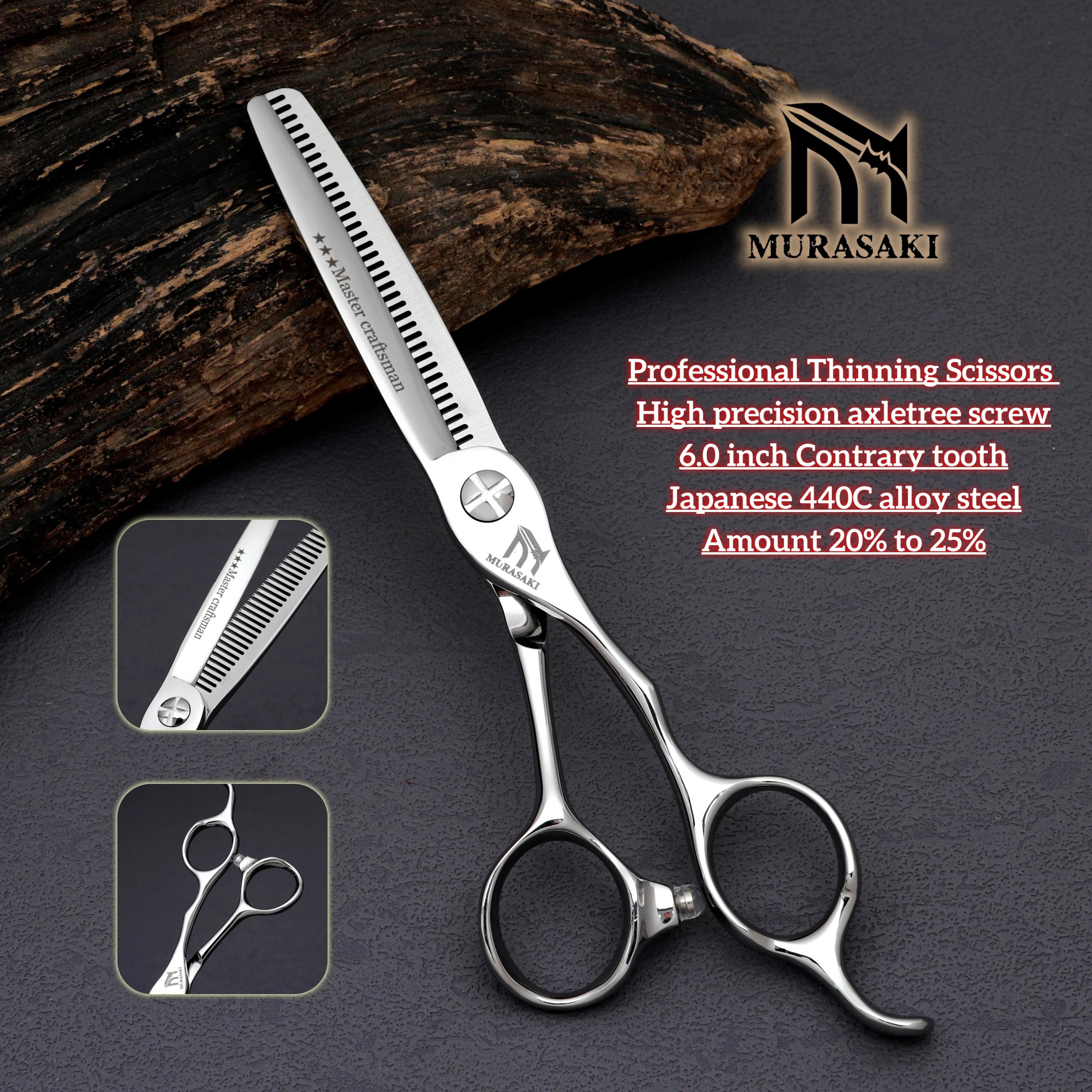 MURASAKI 6-Zoll-Professionsschere mit umgekehrten Zähnen zum Ausdünnen, Hitachi 440C-Stahl-Friseurschere, hochwertige Haarschneidemaschine – Detail 1