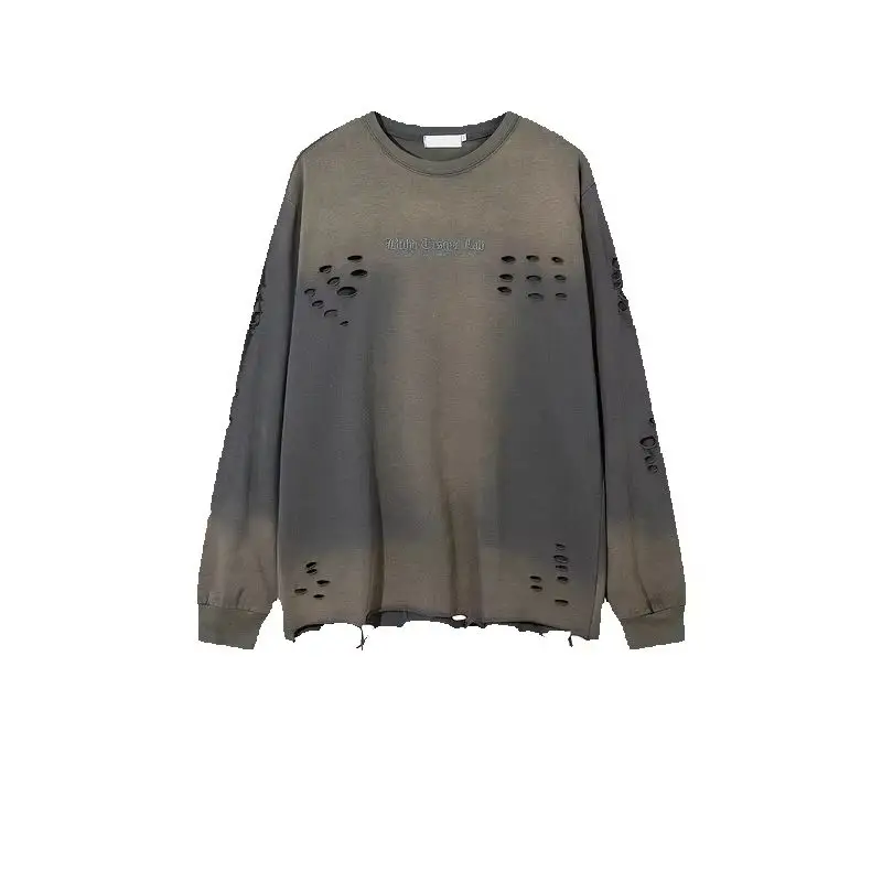 Beianji Men O-Neck Long Sleeve Destroy T-Shirt Male Fashion Vintage Hiphop Loose Wash Top Small Hole Waste Soil Wind Long Tee