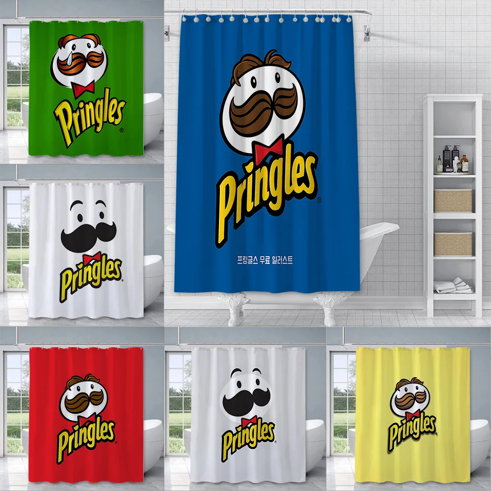 ม่านอาบน้ำมีเครา P-Pringles ม่านกันน้ำทำจากผ้าโพลีเอสเตอร์สีสันสดใสม่านตกแต่งห้องน้ำบ้านพร้อมตะขอ