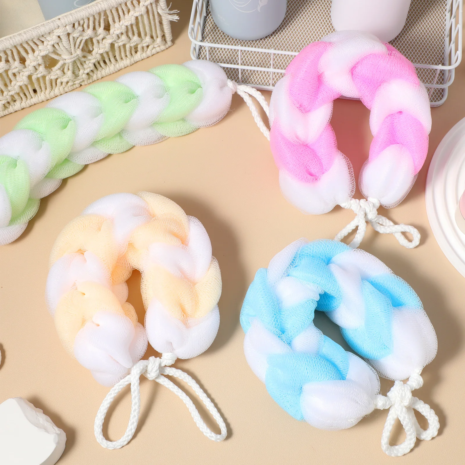 

4Pcs Soft Bath Ball Long Strip Design Body Scrub Shower Brush Relaxing Bath Flower Lather Towel Assorted Colors