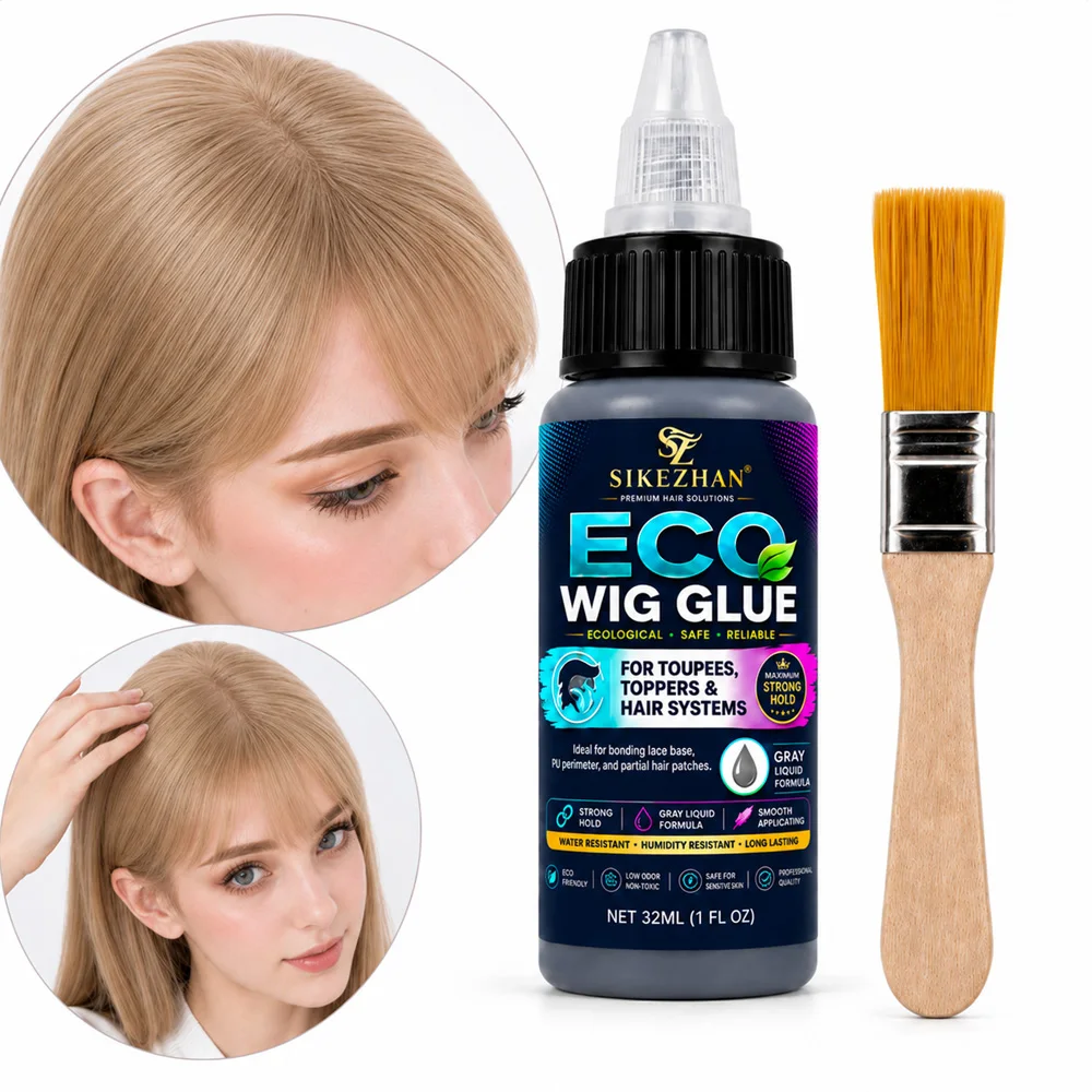 SIKEZHAN Gray Liquid Wig Glue with Applicator Brush for Toupee Hair System Lace Base PU Edge Hair Topper and Partial Hairpiece