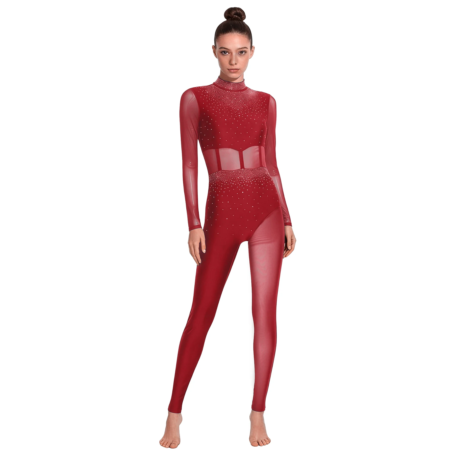 

Womens Gymnastics Jumpsuit Rhinestone Sheer Mesh Patchwork Cutout Back Full-body Unitard Bodysuit for Figure Skating Performance