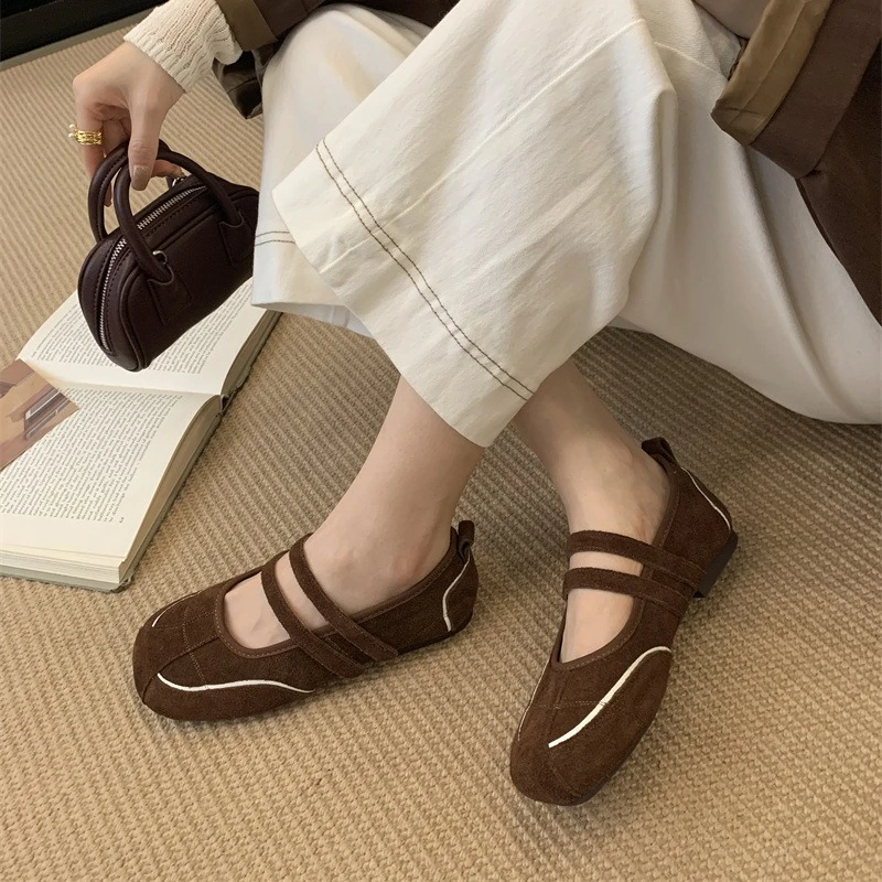 موضة خليط الخياطة تصميم الباليه حذاء رياضة المرأة دافئ جولة تو فو الجلد المدبوغ ماري جين أحذية خفيفة الوزن لينة وحيد حذاء كاجوال