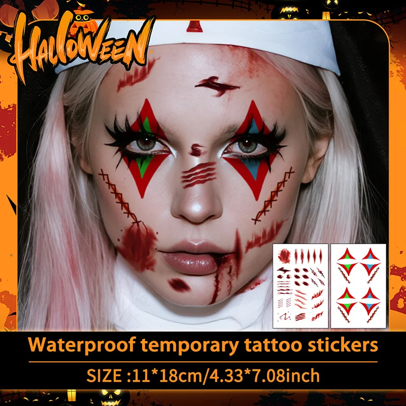2Pcs Halloween Horror Temporary Tattoo Sticker, Long-lasting and Waterproof, Scar, Blood, Clown, Tattoo Sticker for Face Arm
