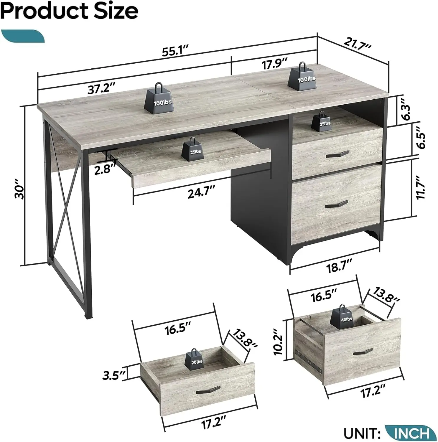 Bestier Office Desk With Drawers, 55 Inch Industrial Computer Desk With Storage, Wood Teacher Desk With Keyboard Tray & File