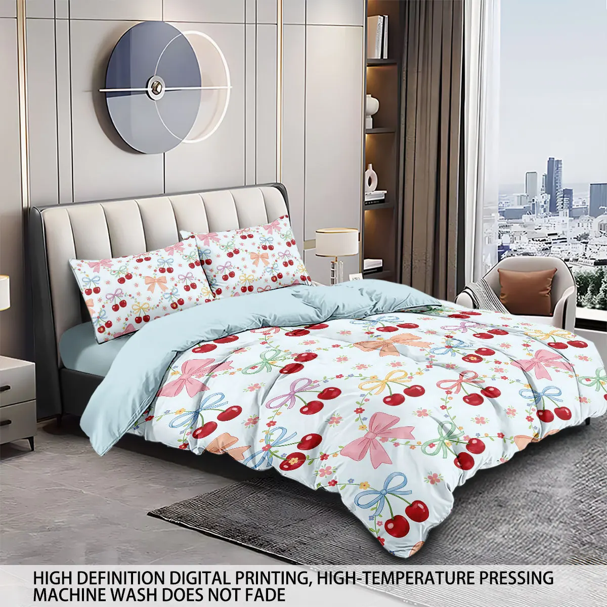 Pink Cherry Bedding Set Heart 3D Print Brushed Duvet Cover for Girl Room Dormitory, 1 Duvet Cover and 2pillowcase with Zipper