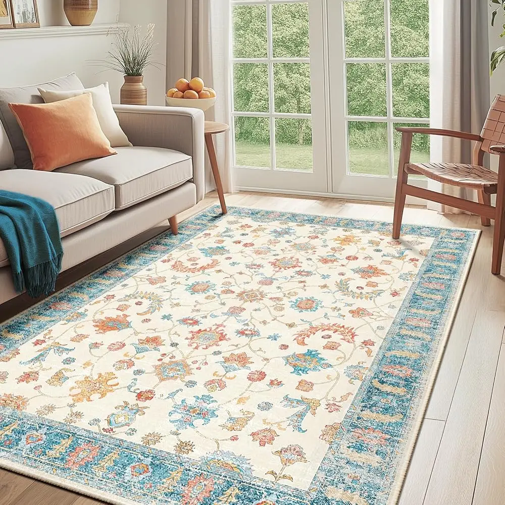 

5X7 Area Rug Print Washable For Living Room Low Pile Non Slip Soft Thin Carpet Boho Vintage Floral Rug Stain Resistant For