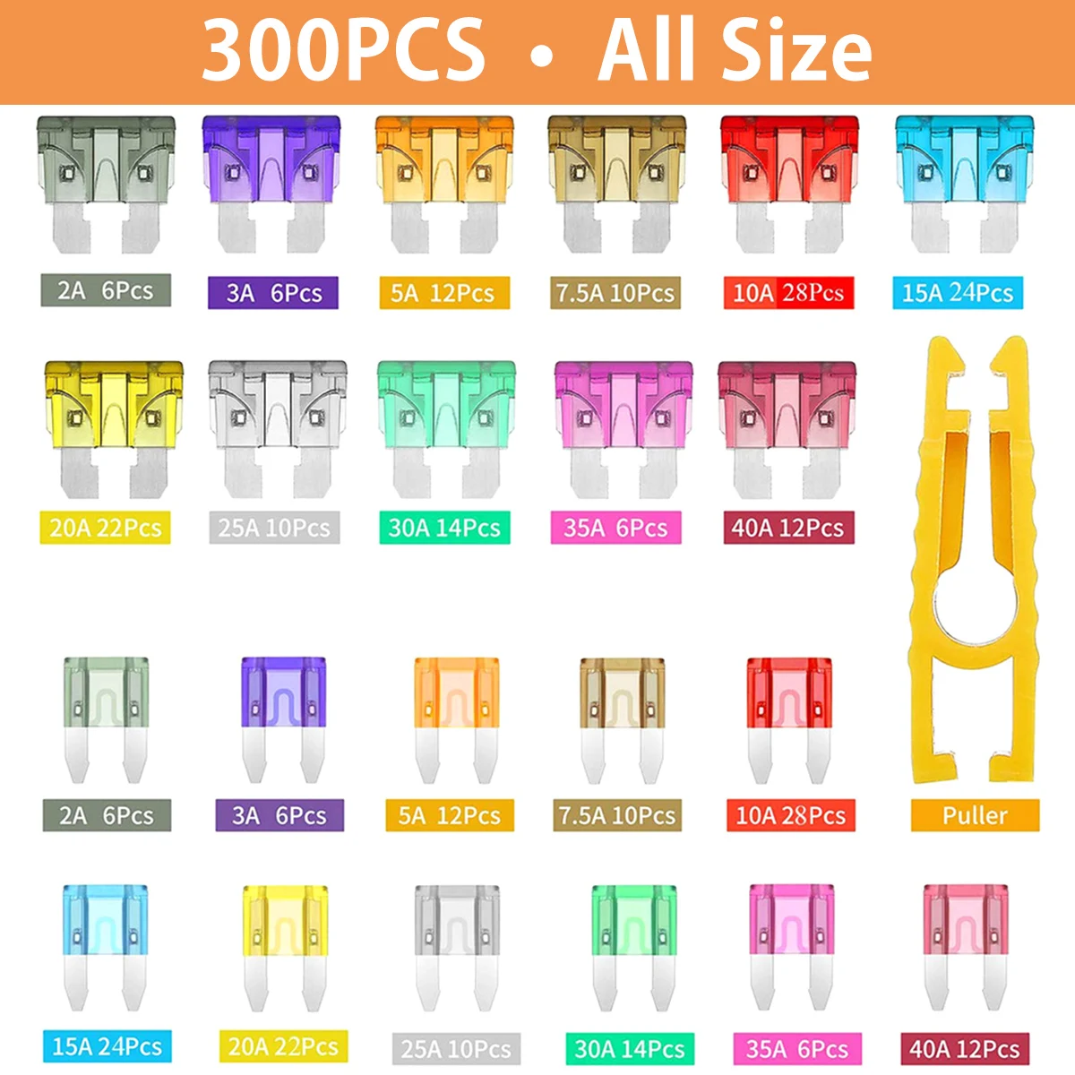 300pc Car Fuse Assortment Kit Multiple Colors Dustproof Durable 2/3/5/7.5/10/15/20/25/30/35a with Box Blade Type Fuse Assorted