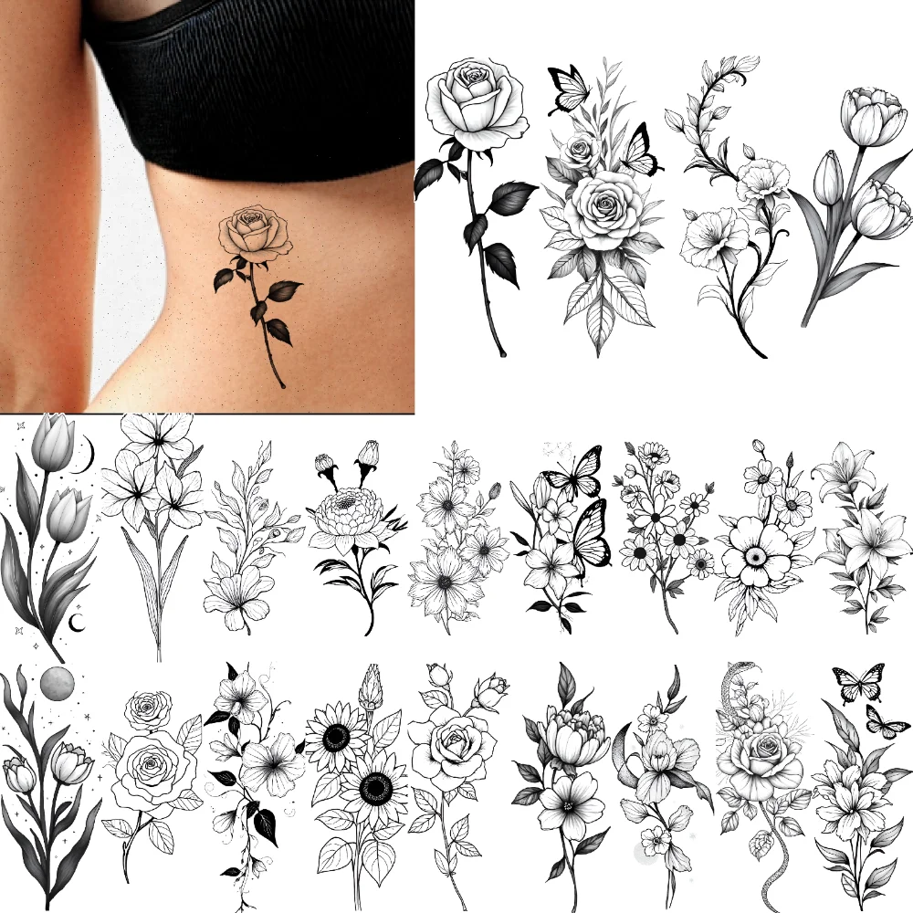 

12 шт., временные татуировки, татуировки с луной, линия искусства, татуировки с бабочками, цветочные татуировки, временные татуировки, наклейки для бедер, взрослых